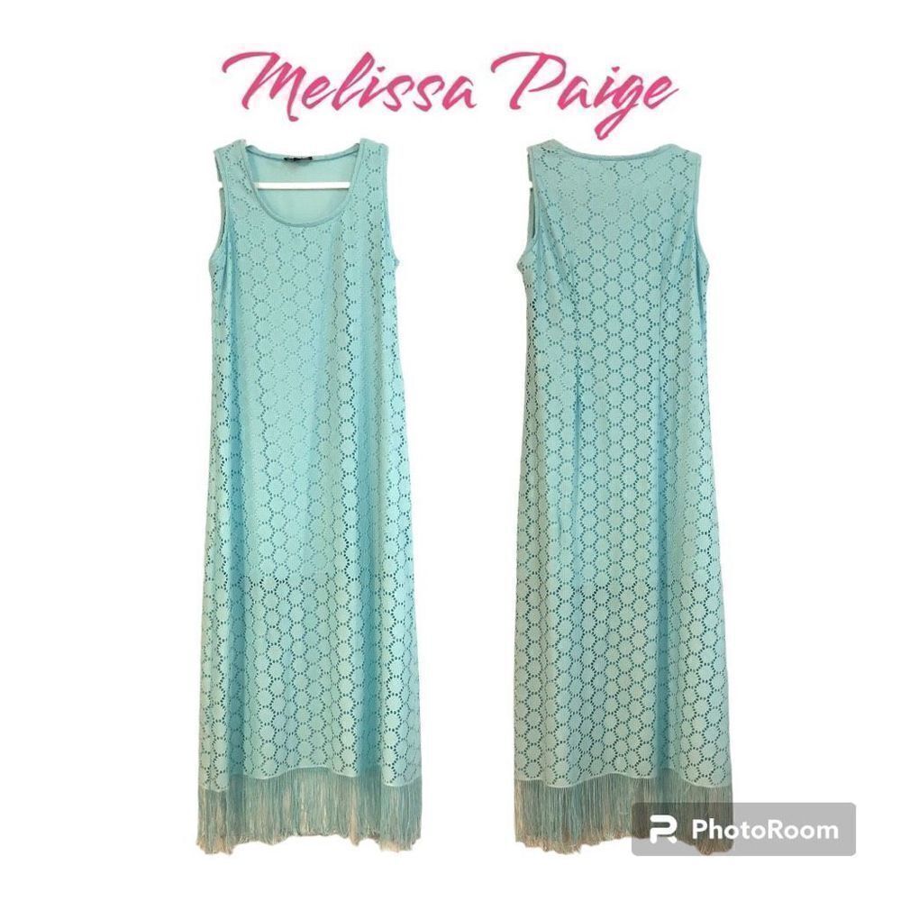 Melissa Paige Crochet Lace Maxi Sea Foam Teal Fringe on Bottom Medium
